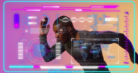 Image of screens with data processing over african american man running