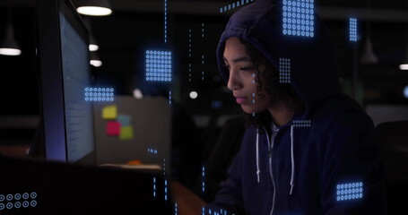 Image of data processing over female hacker using computer