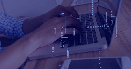 Image of circuit board with data processing over caucasian man using laptop