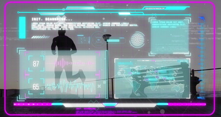 Image of screens with data processing over african american man running