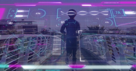 Image of screens with data processing over african american woman running