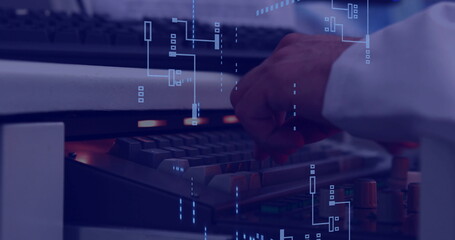 Image of data processing and caucasian man using computer