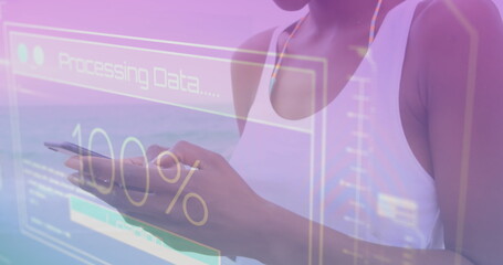 Image of data processing on screen over woman using smartphone