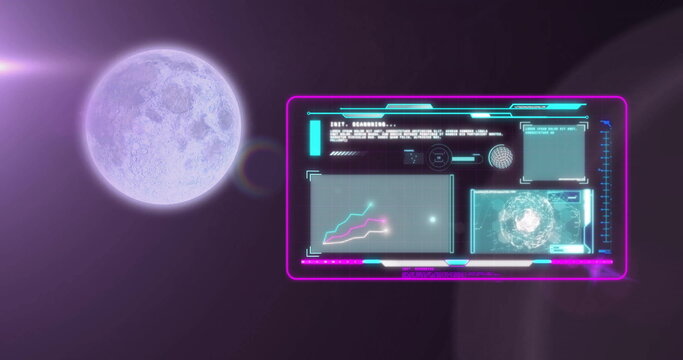 Image of full moon and screen with data processing on black background - Powered by Adobe