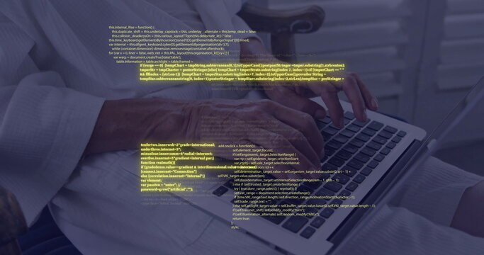 Image of circuit board with data processing over caucasian woman using laptop
