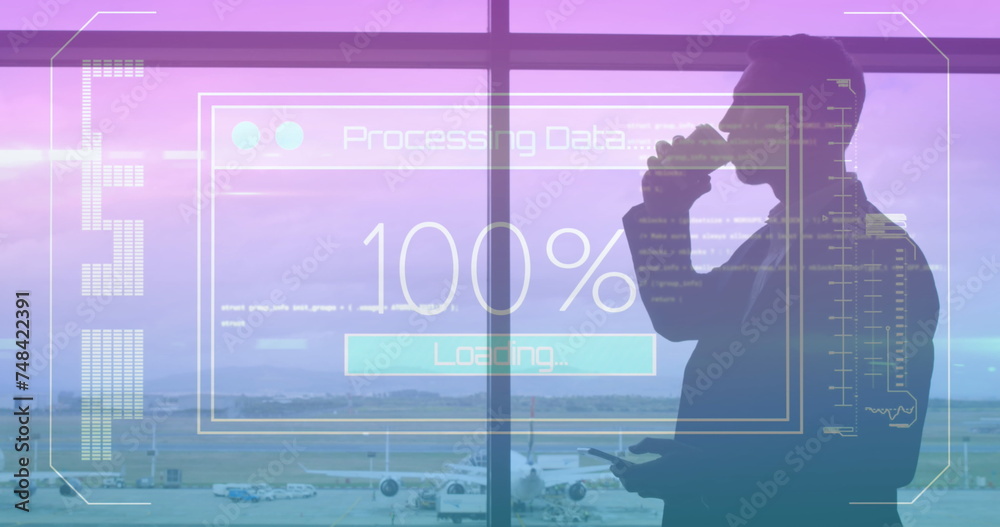 Poster image of data processing on screen over man using smartphone