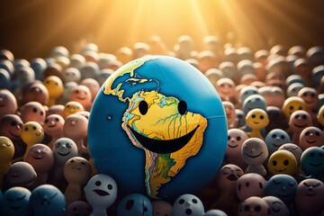 An image of a globe surrounded by smiling faces representing unity and happiness.