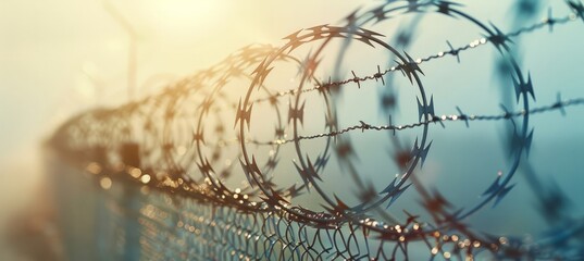 Detailed view of a barbed wire fence, showing sharp, twisted metal strands closely intertwined to form a barrier. - obrazy, fototapety, plakaty