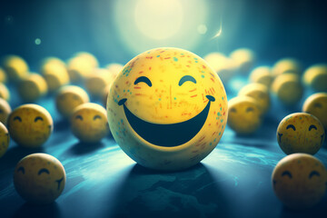 A colorful globe surrounded by smiling faces representing diverse cultures. This image symbolizes global unity, joy, and the harmony that connects people across different cultures around the world.