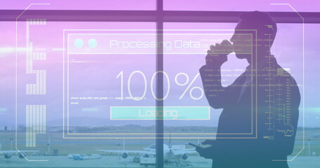 Image of data processing on screen over man using smartphone