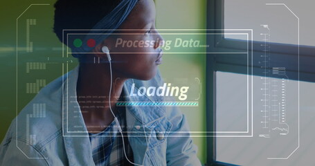 Image of data processing on screen over woman using smartphone