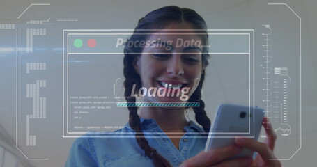 Image of data processing on screen over woman using smartphone