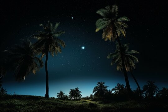 Tropical Palm tree night dark. Way year. Generate Ai