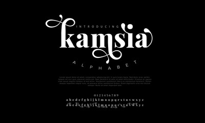 Kamsia premium luxury elegant alphabet letters and numbers. Elegant wedding typography classic serif font decorative vintage retro. Creative vector illustration