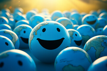 Illustration of a globe surrounded by smiling faces representing cultural diversity and global unity. World harmony concept