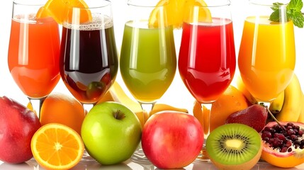 Composition with glasses of assorted fruit juices. Detox diet - obrazy, fototapety, plakaty