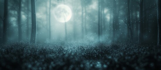 Mysterious dark forest with eerie full moon shining in the night sky