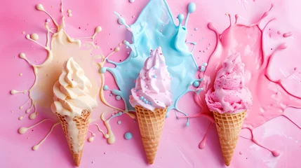 Foto auf Alu-Dibond Ice cream cone in splash colorful blue pink yellow cream colors pink background ice cream pattern background © TINA