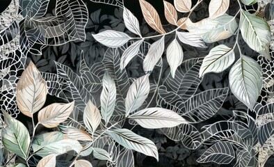 A painting featuring delicate leaves and intricate lace patterns displayed against a stark black background.