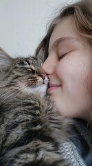 Close-up of the girl cuddling her cat close to her face, with both displaying contentment and relaxation, generative AI