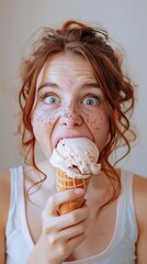 Girl's ecstatic expression as she takes a big bite of her favorite flavor of ice cream, with eyes wide and a look of pure joy on her face, generative AI