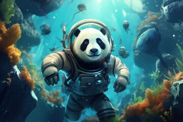 Fototapeta na wymiar Adventurous Cute panda astronaut in cosmonautic equipment. Adorable panda bear in galactic spaceship. Generate ai