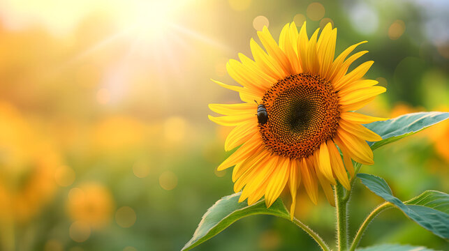 Beautiful Sunflower with a bug in the sunflower field and shining sun on a natural background. Close-up