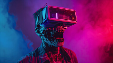 Zombie with virtual reality glasses, neon light, horror and technology illustration. Halloween mood. Smoke. Copy space.