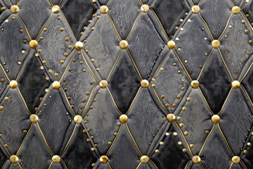 Detailed view of a sleek black leather upholster with intricate gold rivets, showcasing fine craftsmanship and luxury design.