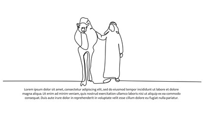Vector illustration of a young man in a turban leads a camel. Modern flat in continuous line style.

