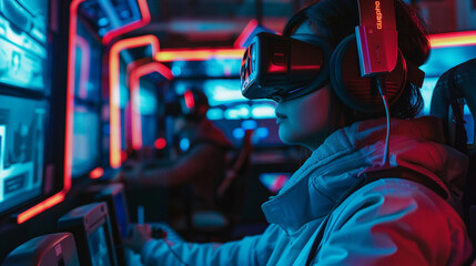 A high-tech virtual reality gaming setup with players fully immersed in a futuristic game world realistic stock photography