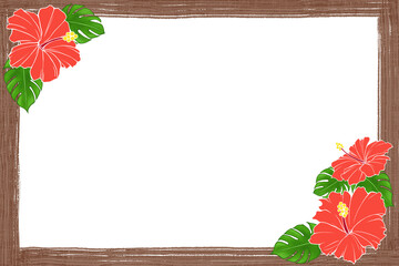 ハイビスカスの木枠風水彩フレームイラスト © sokabe