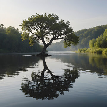 Peaceful image of trees along the river.