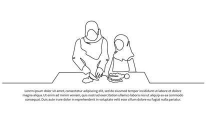 Vector illustration of mother and child prepare the iftar menu. Modern flat in continuous line style.