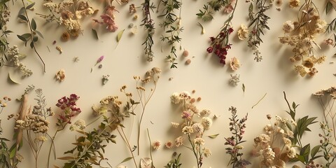 Herbal apothecary aesthetic. Dry herbs and flowers on a beige background. With Generative AI technology