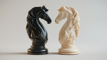 full white horse and black horse facing together for fight on white balcground