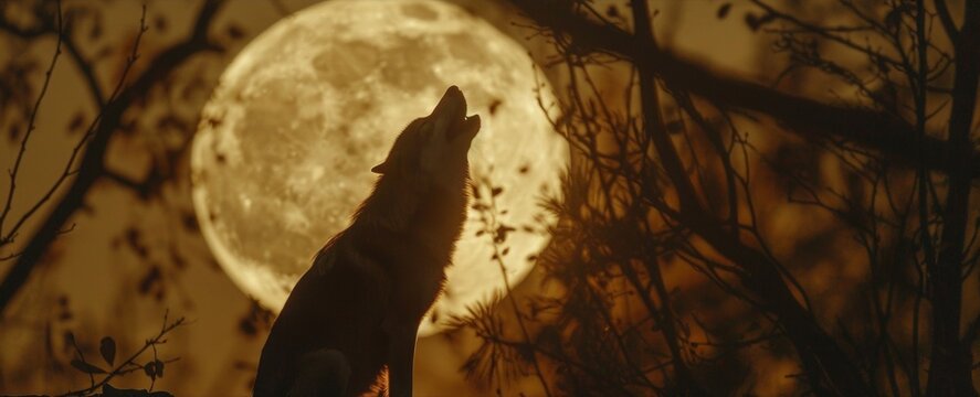 A silhouette of a lone wolf howling at the full moon creating an eerie and captivating encounter with the wild.