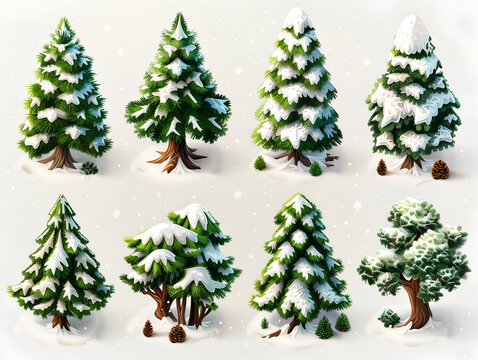 a collection of christmas tree with snow on white background, 3d
