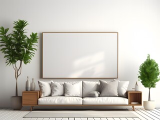 Empty picture frame simulation wall Modern living room design, with elegant decorations.