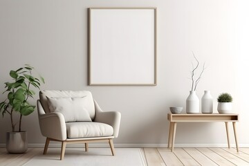 Empty photo frame mockup on a white wall Decorate with flowers and vases.
