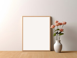 Empty photo frame mockup on a white wall Decorate with flowers and vases.