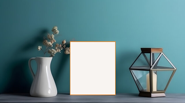 Mockup of empty photo frame on blue wall decorated with flowers and vases
