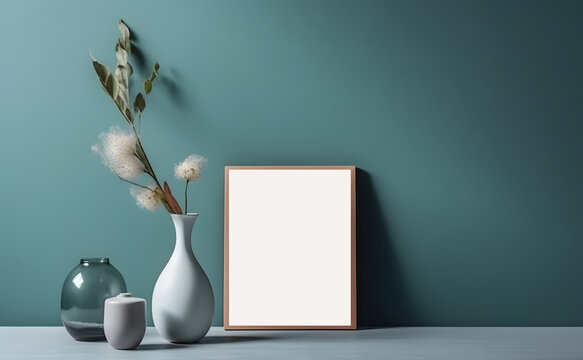 Mockup of empty photo frame on blue wall decorated with flowers and vases
