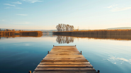 A serene and peaceful lakeside scene with a wooden dock extending into calm waters. realistic stock photography