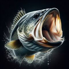 Bass fish isolated on black, Large mouth bass jumping out of the water, Fishing, Largemouth Bass Jumping, hunting Portrait, Bass hunts the bait.