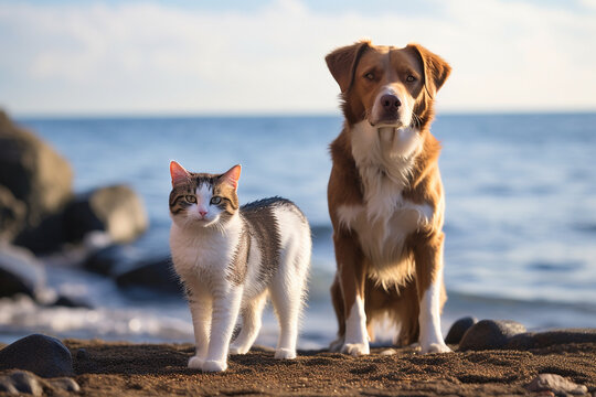 a dog and a cat, cute, adorable, playing at the beach