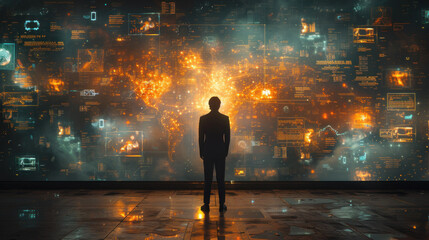 Silhouette of a person standing before a futuristic digital interface with glowing icons and a cityscape background. - obrazy, fototapety, plakaty