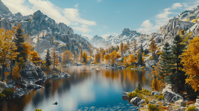 A serene and picturesque mountain lake surrounded by autumn foliage and rocky peaks. realistic stock photography