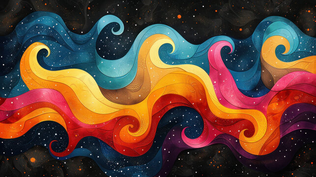 Colorful abstract waves on a starry background, representing creativity and imagination in a cosmic setting.