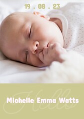 Composition of michelle emma watts text with birth date over caucasian baby on green background - obrazy, fototapety, plakaty